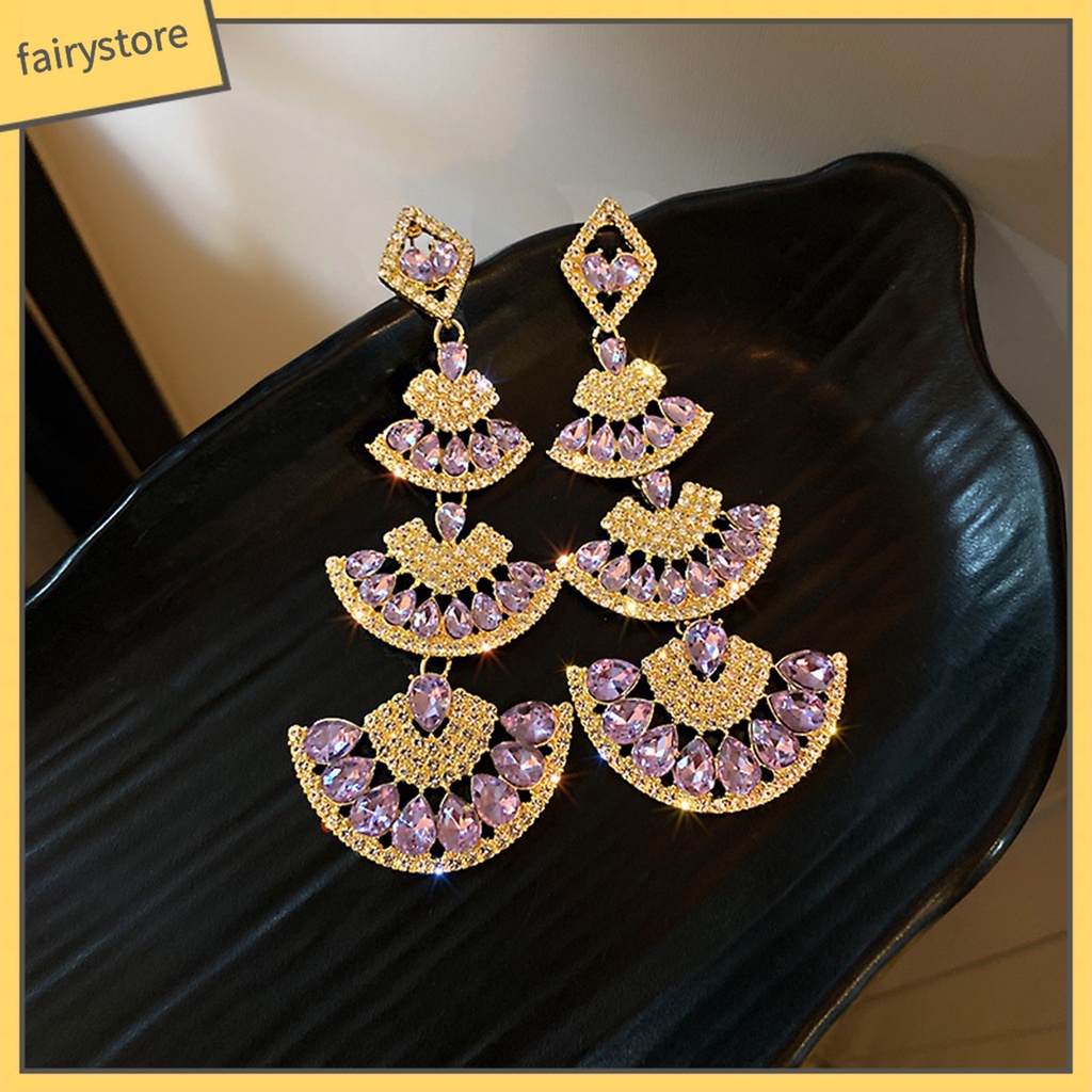 1 Đôi Bông Tai Dài Hình Quạt Đính Đá Lấp Lánh