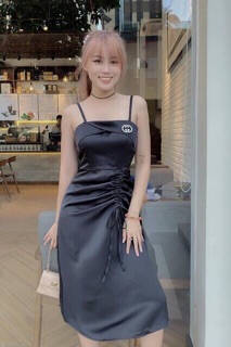 Đầm hai dây phi lụa rút tà