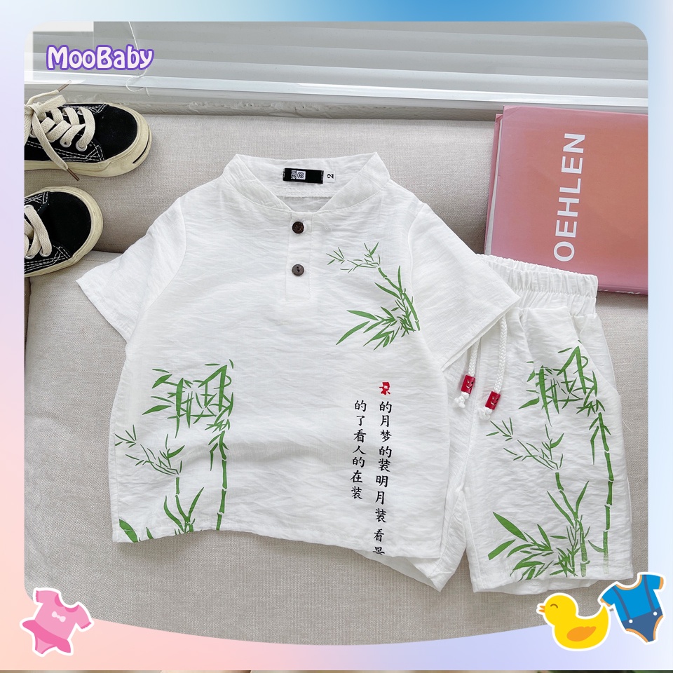 Đồ bộ bé trai MOOBABY SHOP , Bộ cộc tay cho bé chất đũi in hình cây tre cực đẹp cho bé từ 6-28kg