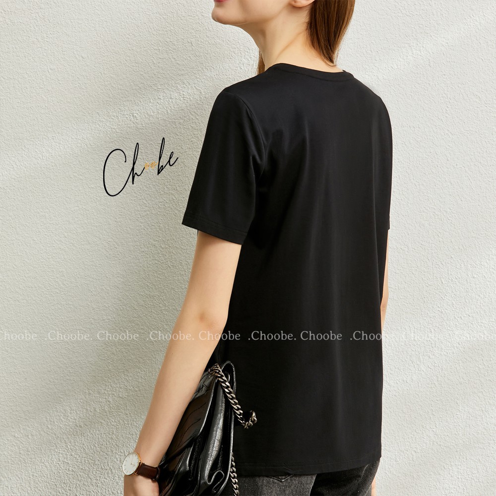 Áo phông nữ Choobe cộc tay Nhật Hoa Nữ form rộng kiểu in hình vải cotton cổ tròn đẹp t shirt Đen A05