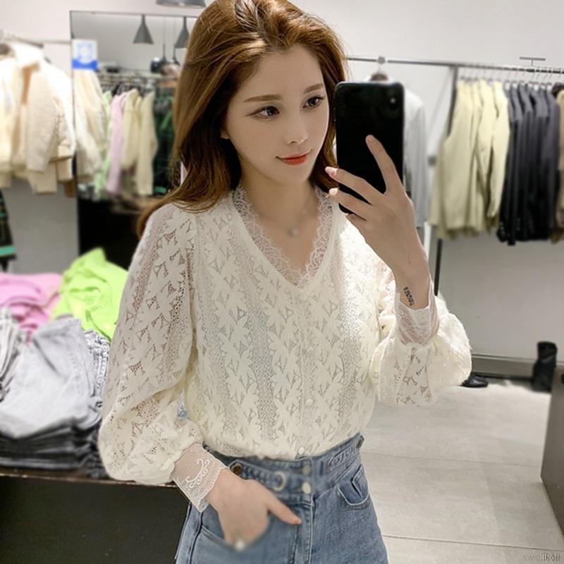 Áo kiểu tay dài cổ chữ V phối ren phong cách Hàn Quốc thời trang quyến rũ cho nữ