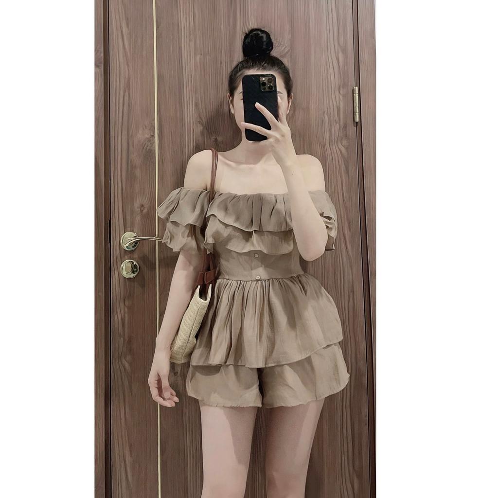 Sét bộ áo trễ vai tay bồng kèm quần sooc đùi 3 màu nâu, xanh bơ, chì siêu xinh chất đũi voan sang chảnh