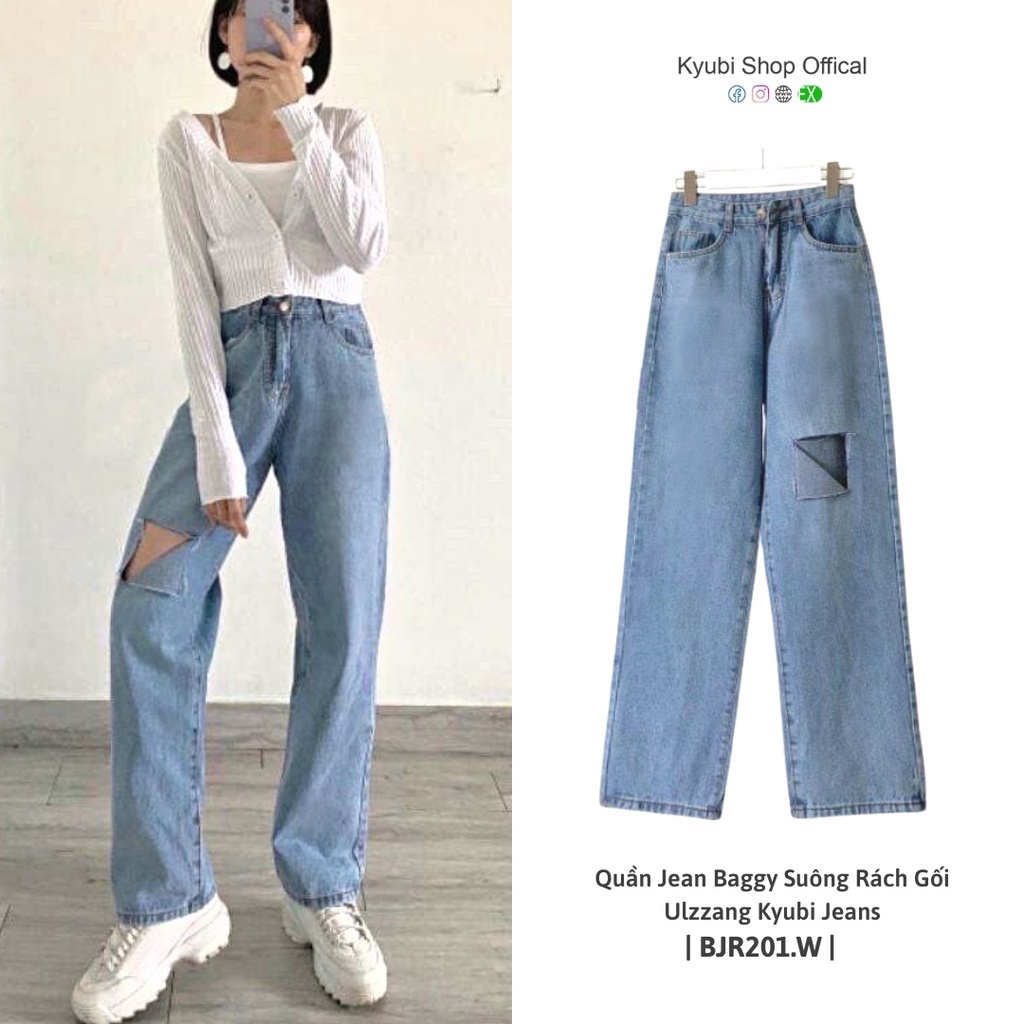 Quần Jean nữ ống suông ulzzang lưng cao rách gối phong cách Retro Hàn Quốc [Có Bigsize] - Quần jean baggy Kyubi BJR201.W | WebRaoVat - webraovat.net.vn