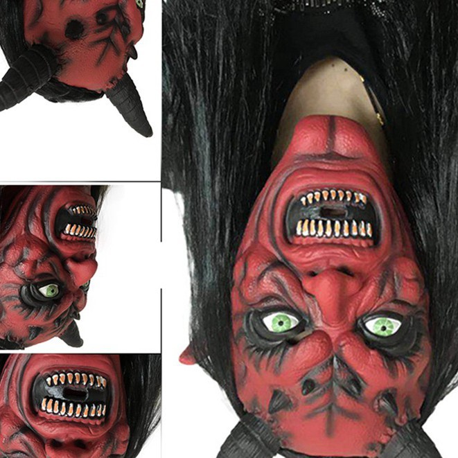 Mặt nạ đỏ 2 sừng kèm bộ tóc đen dài