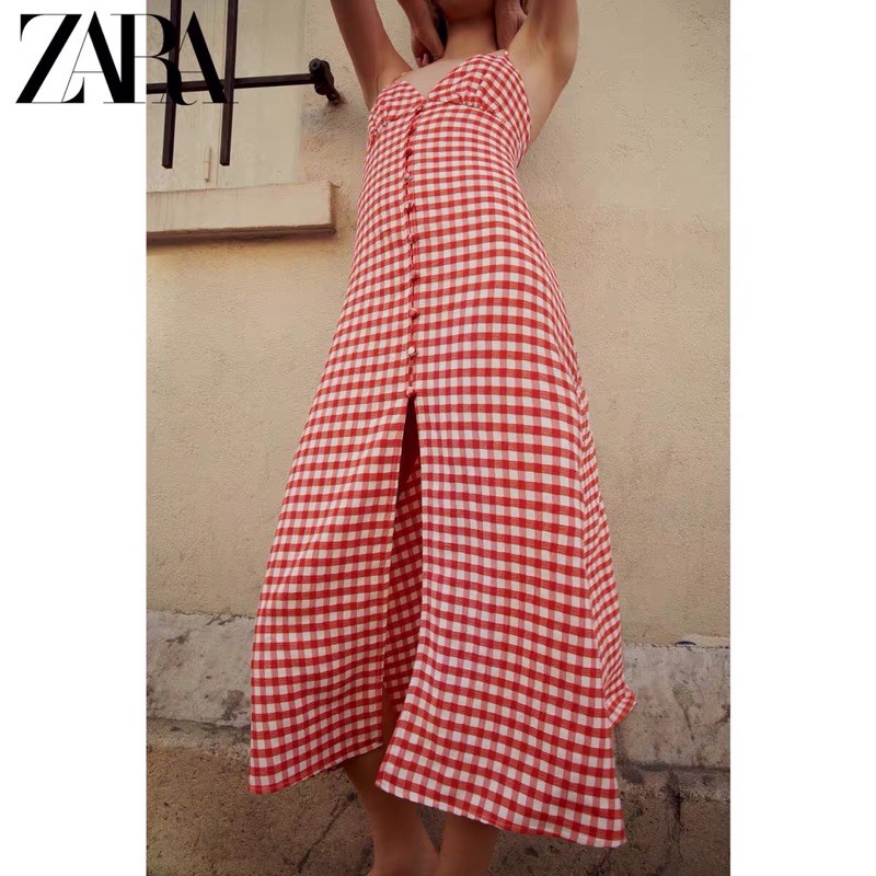 Đầm hai dây hở lưng Zara new best seller 2021 kẻ ô đỏ maxi