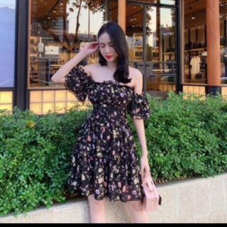 Đầm cúp ngực rớt tay hoa đen