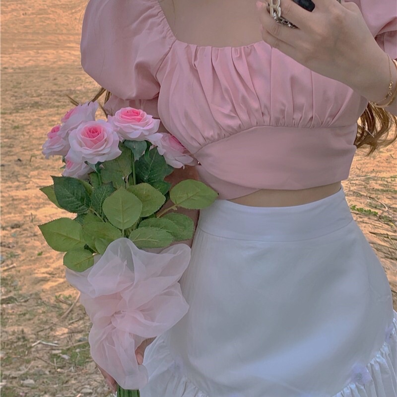 Áo Voan Croptop Ngắn Tay Cổ Vuông Chéo Eo Thắt Nơ Màu Trơn - Mã: 09 TV-Fashion