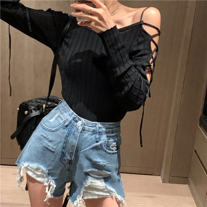 Áo dệt kim ZHELIHANGFEI tay dài phối dây lưng cao dáng ôm quyến rũ cho nữ