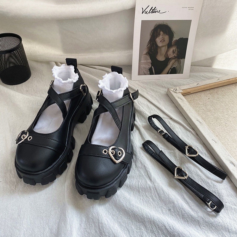 Giày Da Mũi Tròn Màu Đen Phong Cách Lolita Nhật Bản Anh Quốc Đế Dày Tăng Chiều Cao Mary Jane Cho Nữ