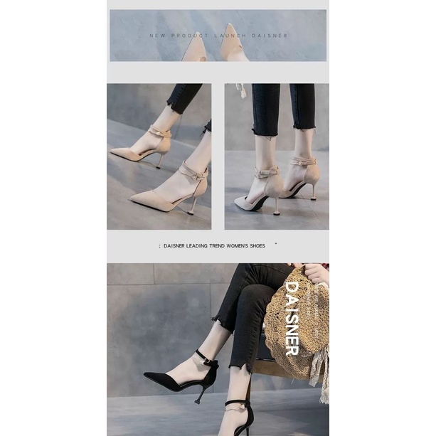 Giày cao gót mũi nhọn màu đen phối khóa cài trước thời trang cho nữ