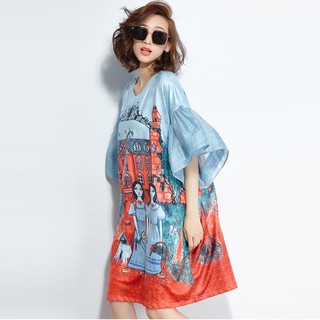 Đầm big size/ đầm suông tay loe họa tiết cổ điển phong cách cá tính