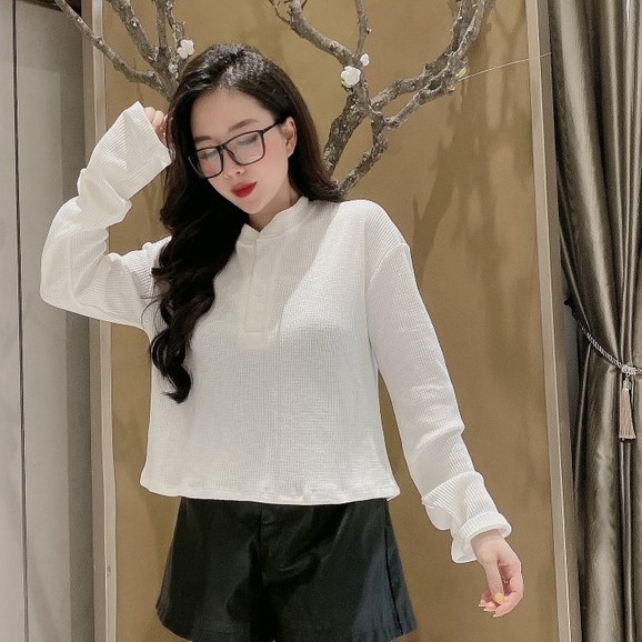 áo nữ cổ trụ đính 5 khuy dài tay nhiều màu vải tăm vuông xinh xắn