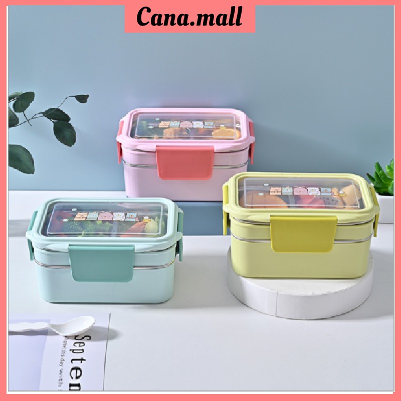 Hộp cơm trưa inox 2 tầng giữ nhiệt, Hộp cơm hai tầng hình cute đáng yêu