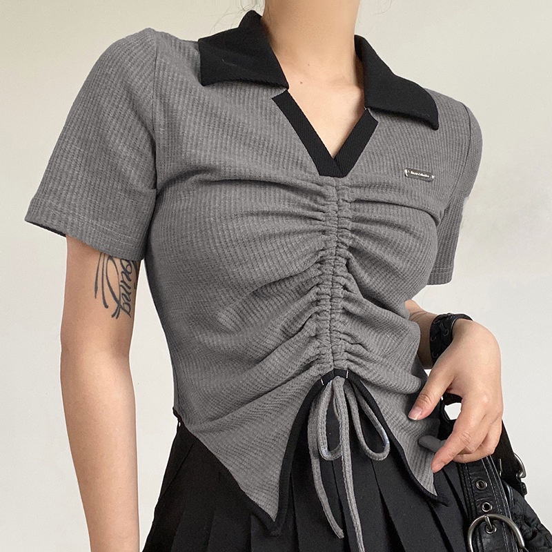 Áo Thun Tay Ngắn Cổ Chữ V Phối Dây Rút Thời Trang Đường Phố Cá Tính Cho Nữ