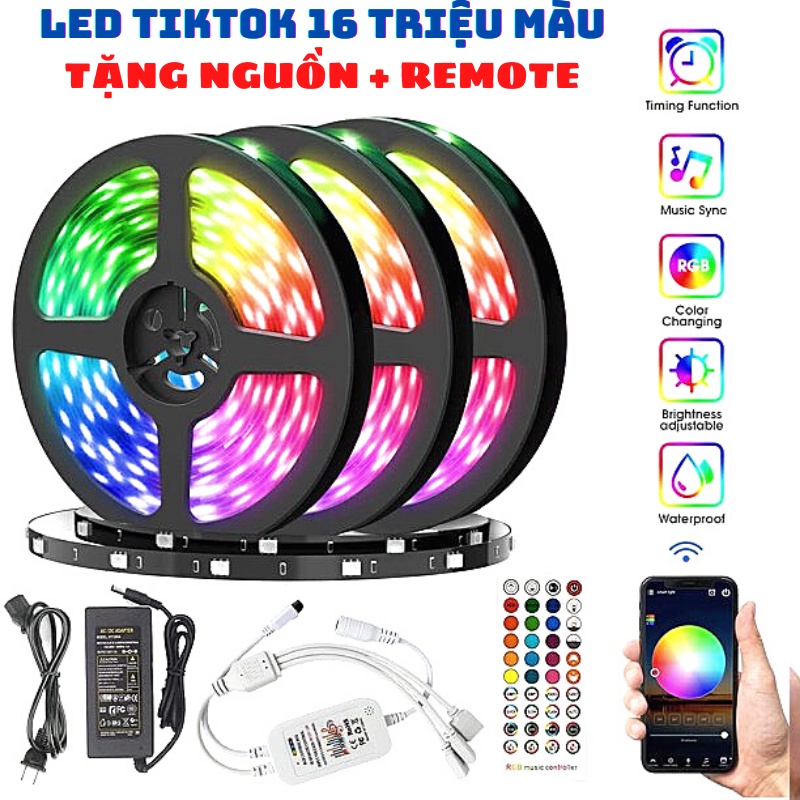 (tặng nguồn) Đèn Led tiktok RGB 16 triệu màu, APP nháy theo nhạc, dây bọc silicon, decor, trang trí nhà