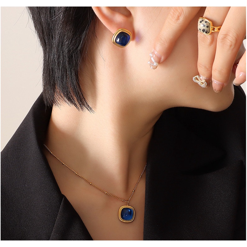 Bộ Trang Sức Dây Chuyền Hoặc Bông Tai Đá Pha Lê Nhân Tạo Titan Ko Đen TT 4394