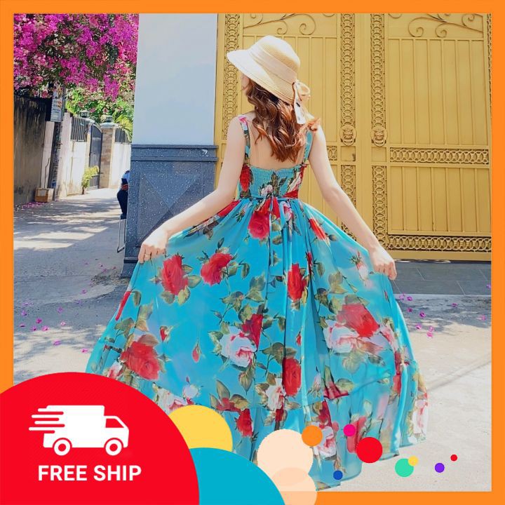 Váy maxi hoa 2 dây hở lưng ⚡𝗙𝗥𝗘𝗘 𝗦𝗛𝗜𝗣⚡ Maxi dáng xoè phối đuôi cá tầng cách điệu, bo chun eo giãn tốt, hàng QC cao cấp | BigBuy360 - bigbuy360.vn