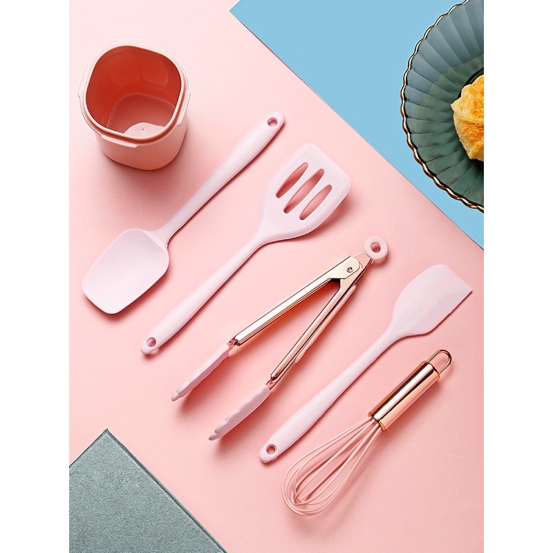Bộ 11 dụng cụ nấu ăn thìa, đánh trứng silicon chịu nhiệt cao kèm cốc đựng cho nhà bếp Phới Dẹt Silicon Trộn Bột, Vét Bột