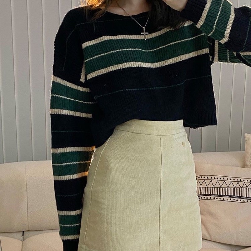 Áo len kẻ croptop 2 màu tocjean dày dặn