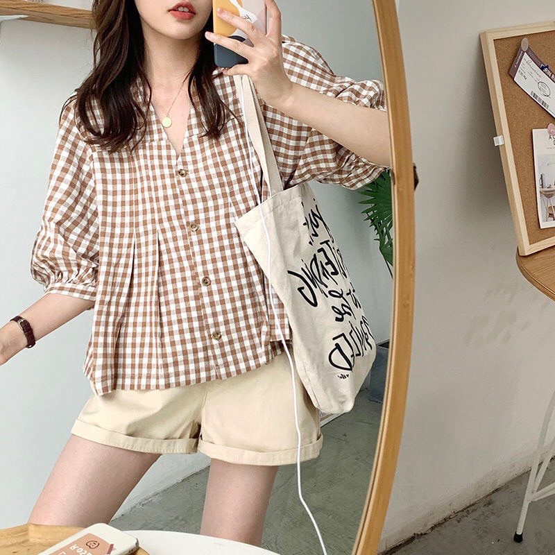 Set ulzzang áo bbd caro kèm quần đùi kaki