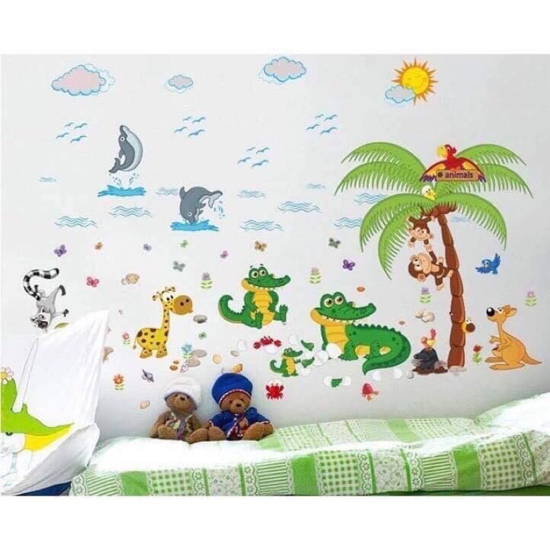 Combo decal thú mẫu khủng long + cá xấu dán phòng cho bé