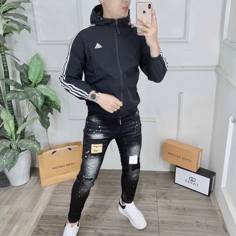 Áo khoác gió nam nữ ads phối viền 3 kẻ sọc 2 lớp dầy dặn