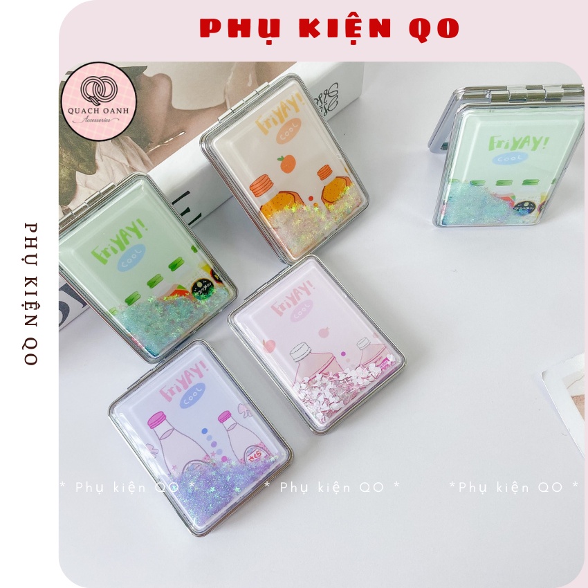 Gương mini cầm tay ,Gương trang điểm mini gấp gọn 2 mặt nhũ kim tuyến họa tiết hoạt hình đáng yêu -G01