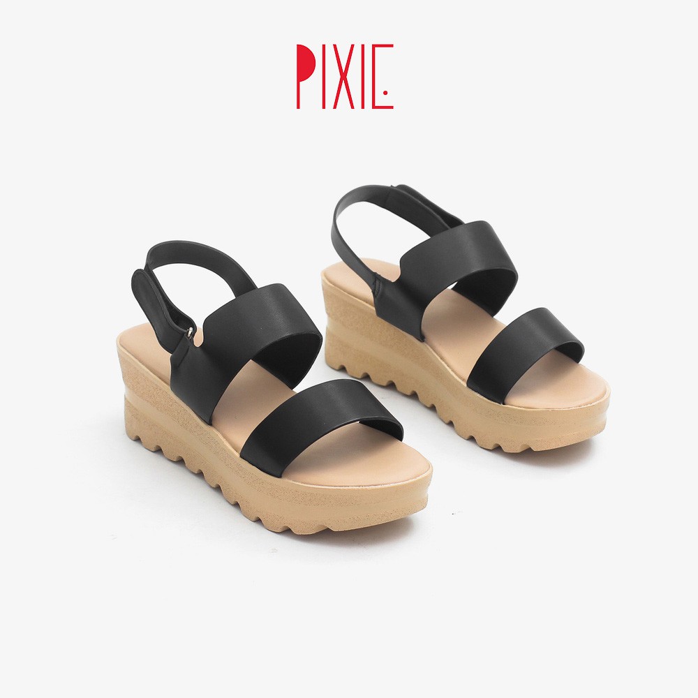Giày Sandal Đế Xuồng 5cm Siêu Nhẹ Quai Ngang Màu Đen Pixie X425