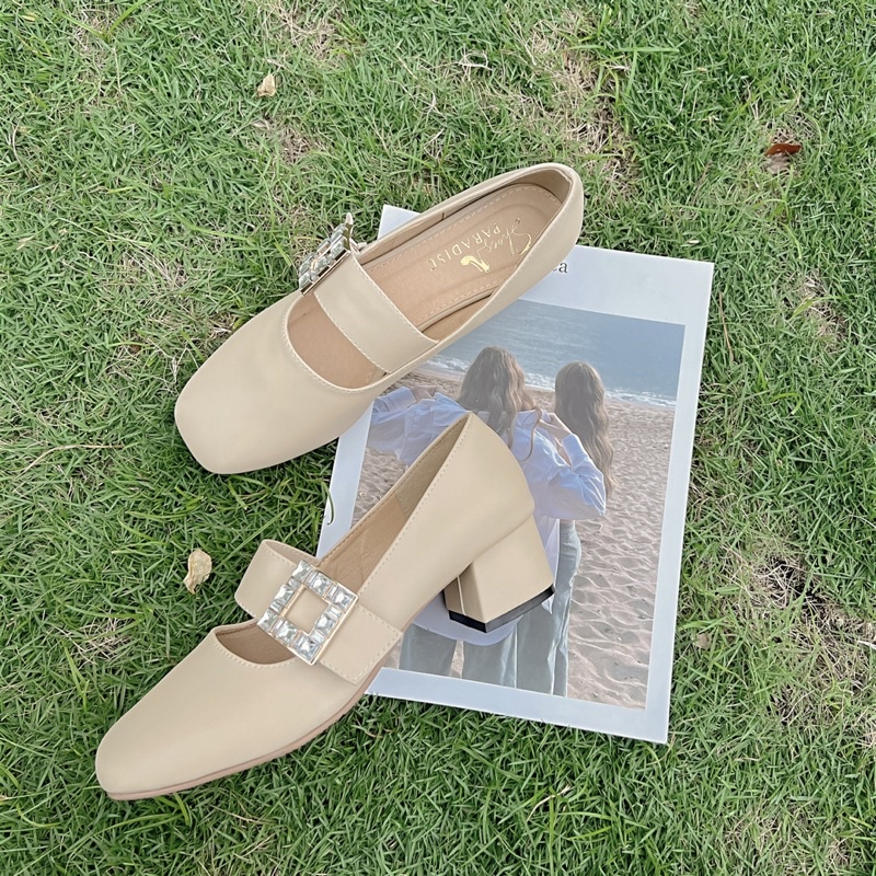 Giày cao gót bít mũi khoá đá mũi vuông đế vuông cao gót 4f thời trang Shoes Paradise L058