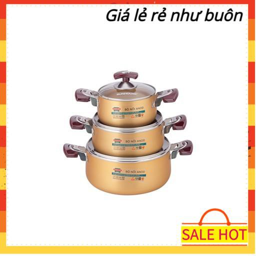 [ Size 16-20-24cm màu vàng] Bộ nồi Anod Sunhouse SH6634 chất liệu nhôm dùng bếp gas bếp hồng ngoại