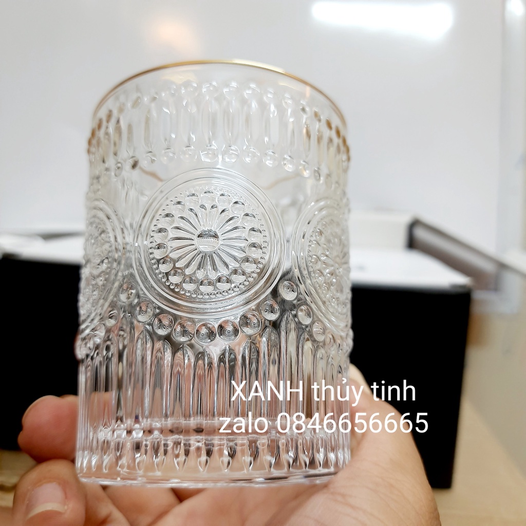 Cốc thủy tinh họa tiết Mặt trời (RETRO) sang trọng, cổ điển viền vàng 300ml - 365ml (1 chiếc)