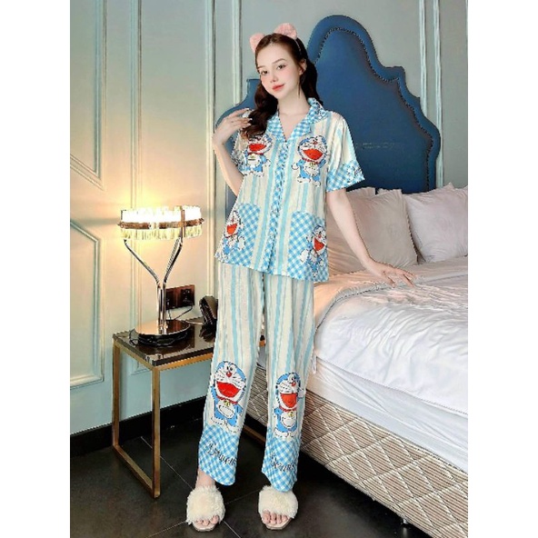 Bộ ngủ Đôraemon sọc xanh ngắn tay thiết kế tằm xước ánh kim 2CE