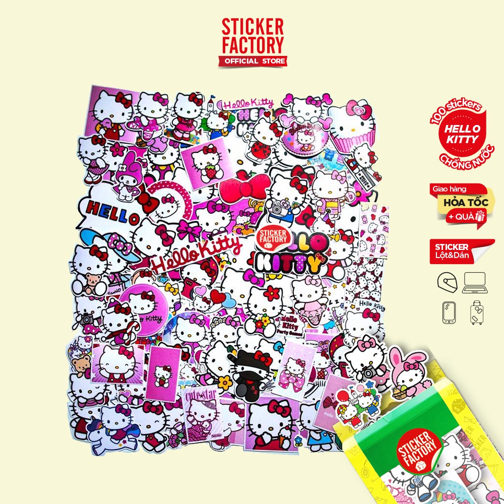 Mèo Hello Kitty - hộp set 100 sticker decal hình dán, trang trí nón bảo hiểm , laptop, xe máy, ô tô - STICKER FACTORY