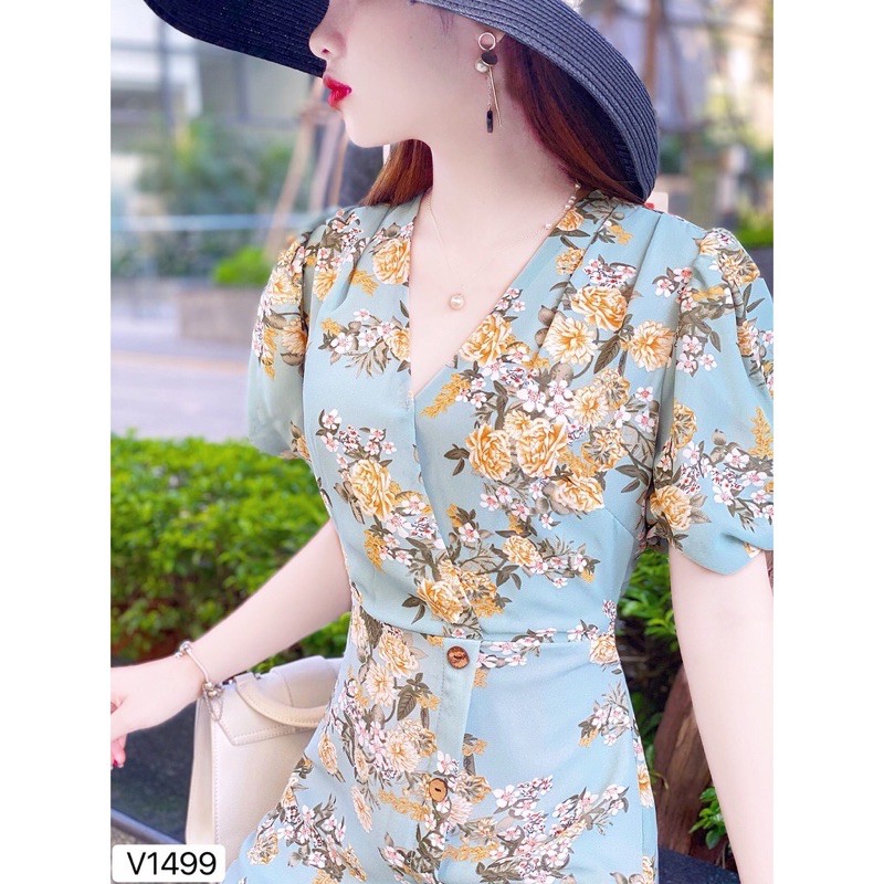 Váy cộc tay vai bồng hoa mùa thu thắt nơ màu xanh tiểu thư | BigBuy360 - bigbuy360.vn