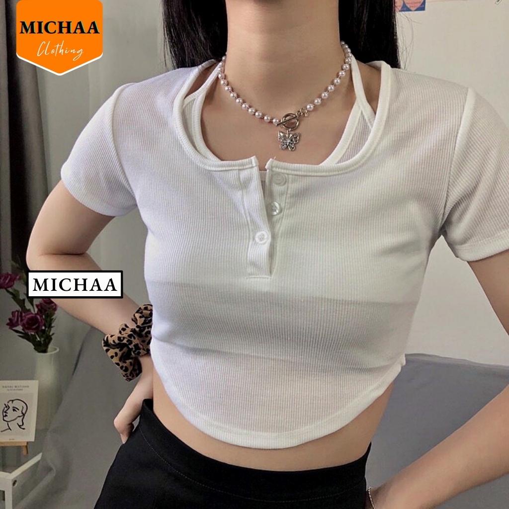 Áo Croptop LÓT GIẢ YẾM Nữ Tay Ngắn Thun Gân Ulzzang Kiểu Ôm Body - MICHAA