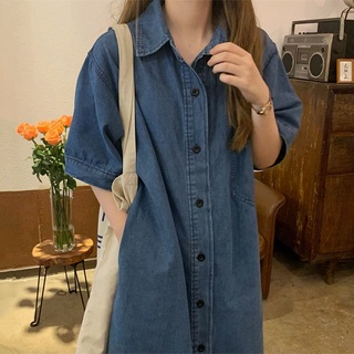 Đầm Denim Tay Ngắn Dáng Rộng Phong Cách Cổ Điển Thời Trang Cho Nữ