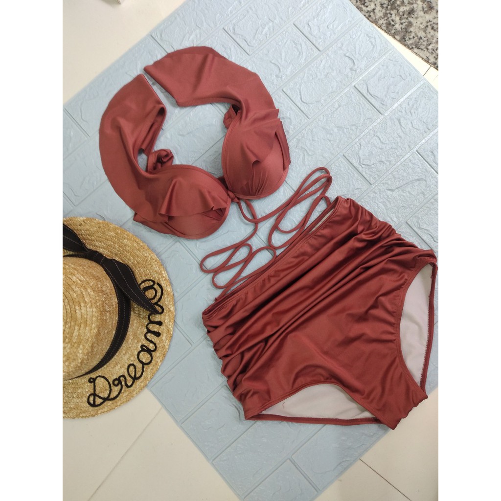 Bikini hai mảnh bộ bơi đồ bơi đẹp màu đen bèo vai đẹp mặc đi biển