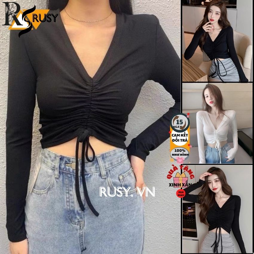 Áo Croptop Tay Dài Cổ Tim Rút Dây Kiểu Nữ Ôm Body Sexy CRT thun gân dày dặn cao cấp