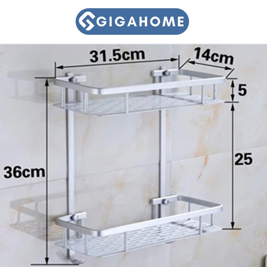 Kệ Nhà Tắm Kim Loại Hình Chữ Nhật 2 Tầng GIGAHOME Kèm 2 Móc Treo, Khoan Tường Chắc Chắn 8788