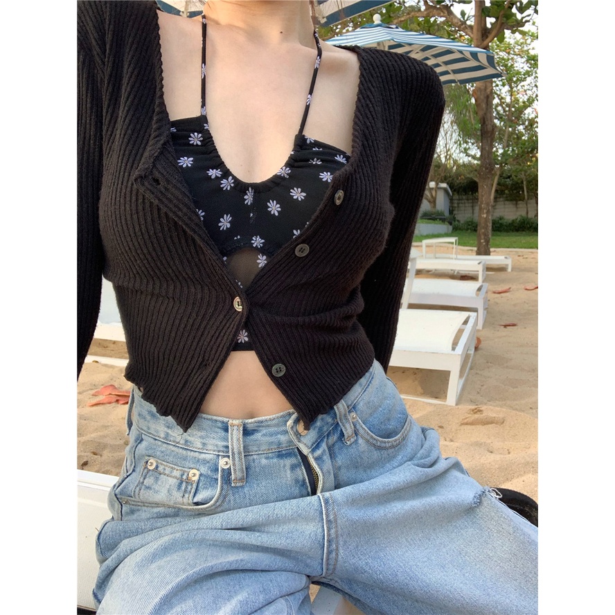 [HUANG YOYO]Áo Hai Dây Họa Tiết Hoa Thời Trang Hàn Quốc Gợi Cảm Cho Nữ