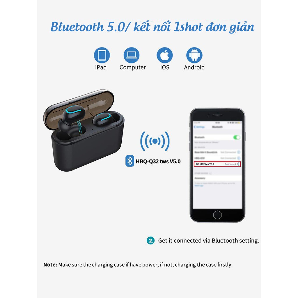 [TOP BÁN CHẠY] Tai nghe Bluetooth HBQ – Q32 2020 True Wireless Chống Nước IPX5 Chính Hãng