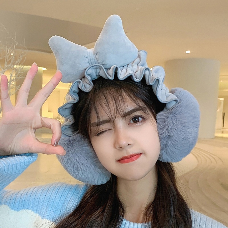 Chụp Tai Nhồi Bông Hình Nơ Viền Bèo Thời Trang Mùa Đông Cho Bé Gái