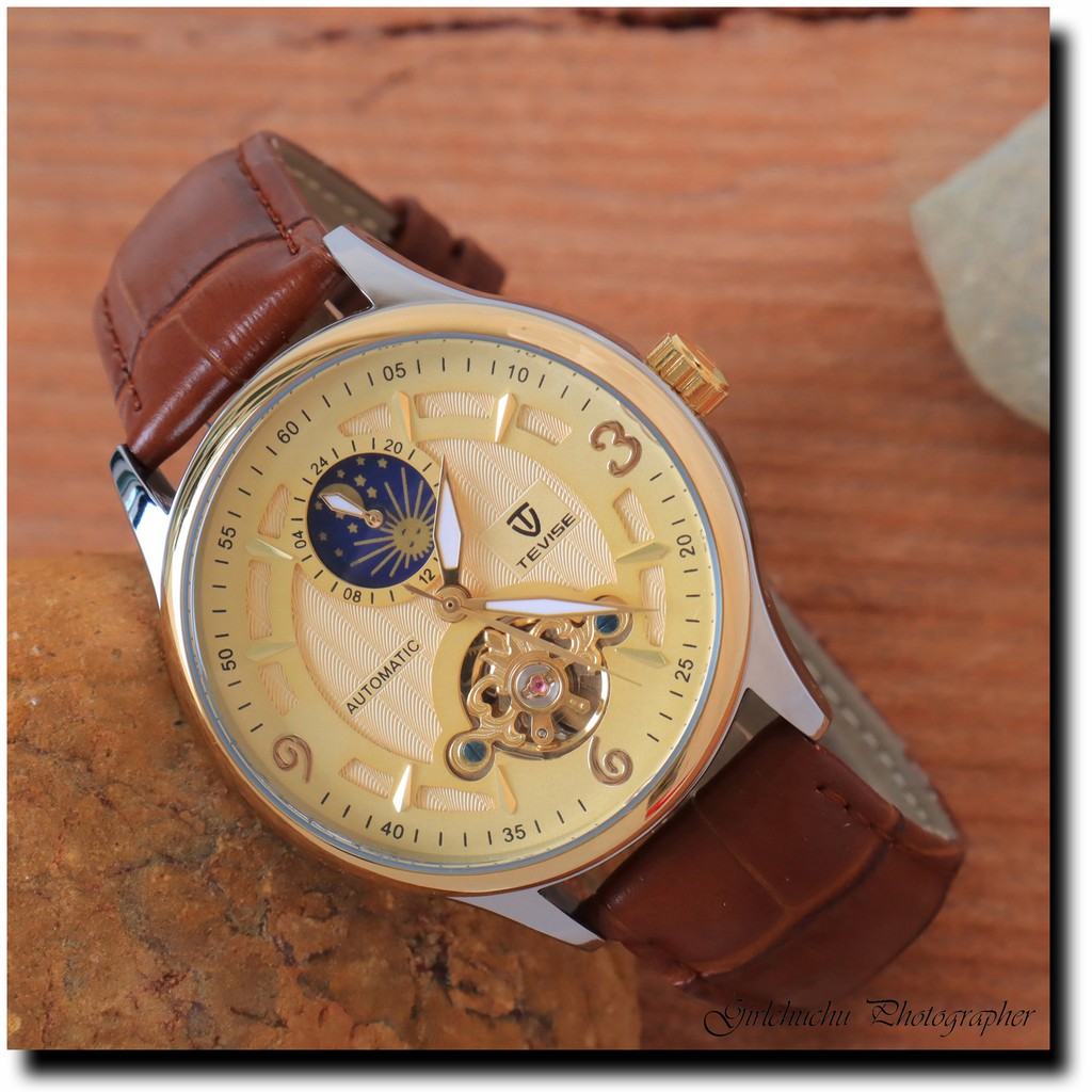 Đồng hồ cơ nam dây da cao cấp Tevise T820B-3 full box, mặt kính sapphire chống xước, chống nước, bảo hành 03 năm