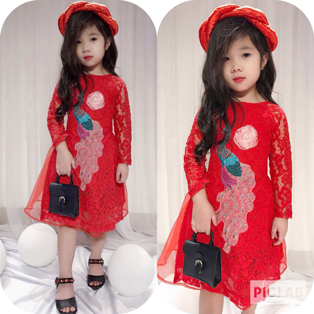 set áo dài họa tiết công kèm mấn cho bé gái xinh tươi