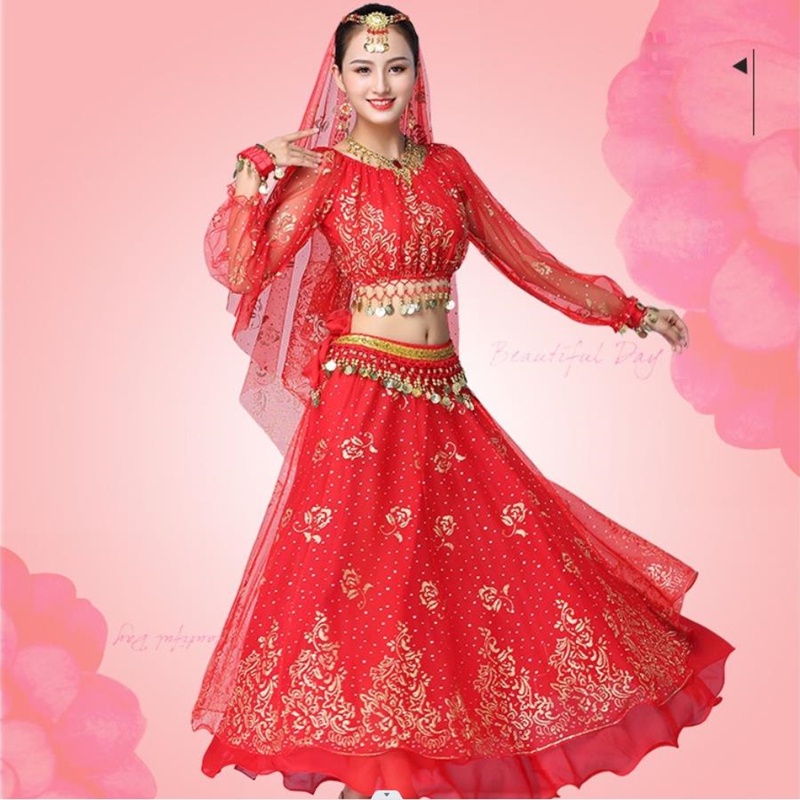 Đầm Bollywood Múa Bụng Ấn Độ Tay Dài Vải Voan Phối Thắt Lưng Xinh Xắn Cho Nữ