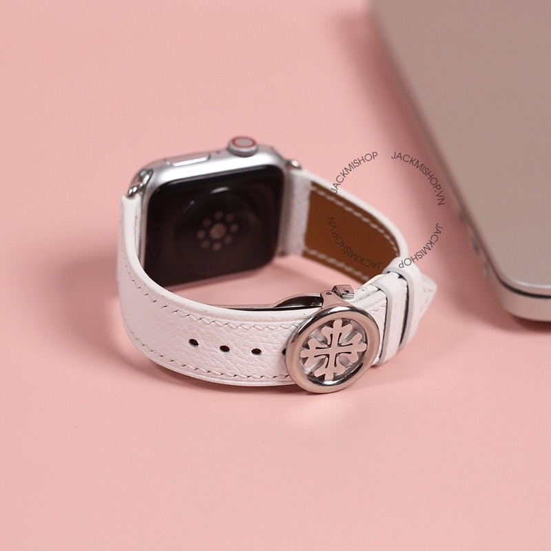 [DÂY DA THẬT] DÂY DA BÊ EPSOM MAY TAY THỦ CÔNG MÀU TRẮNG KHÓA PATEK CHO APPLE WATCH SERIES 1=&gt;6 (BẢO HÀNH 1 NĂM)