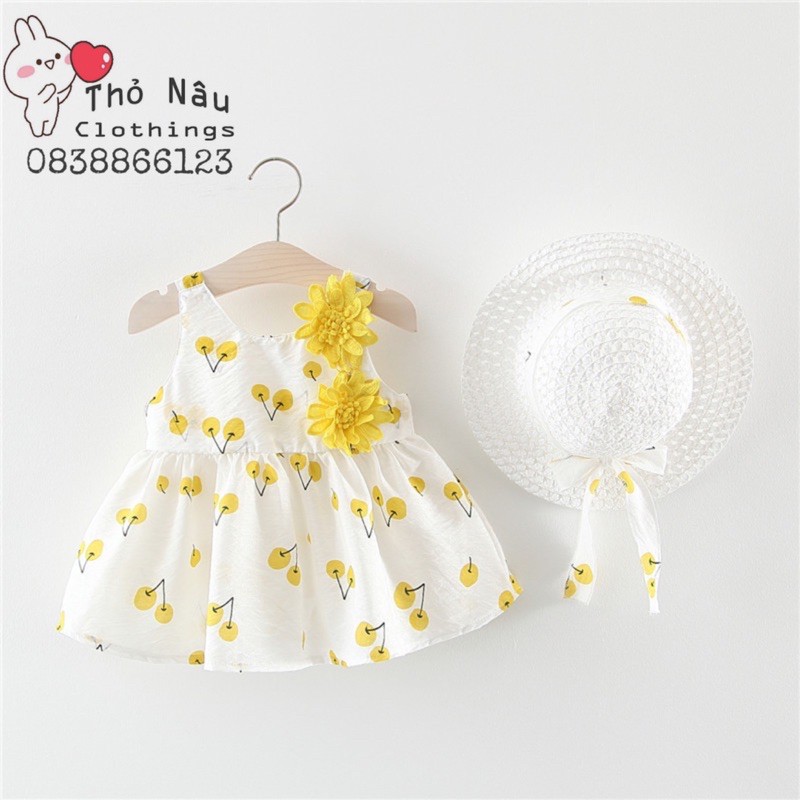 VÁY BÉ GÁI HOẠ TIẾT CHERRY VÀNG KÈM NÓN XINH XẮN, SET VÁY KÈM MŨ BÉ GÁI , SET BÉ GÁI NƠ HOA SƠ SINH KÈM MŨ, VÁY HÈ 2021