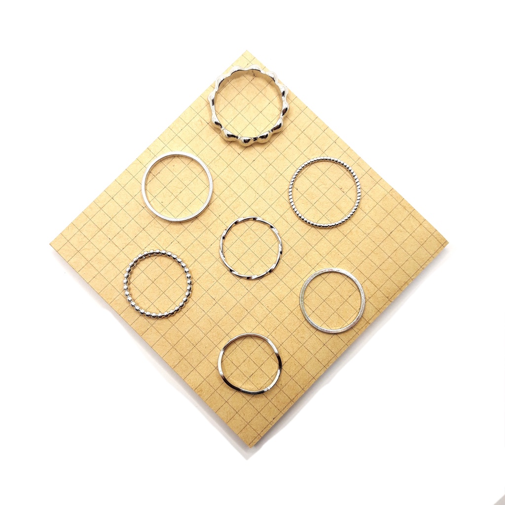 SUN ACCESSORY - Nhẫn bạc, set 7 chiếc, đơn giản, tối giản, thanh lịch