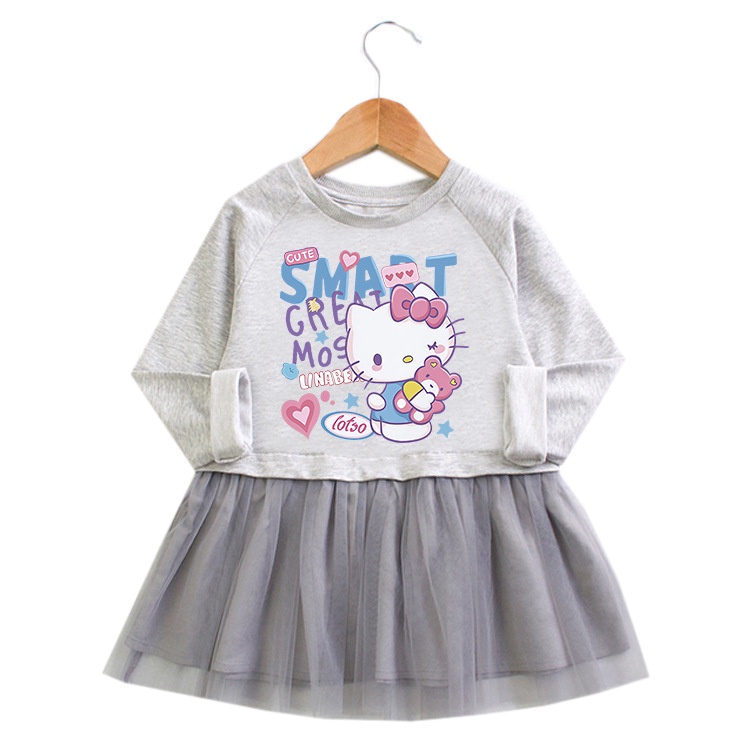 Đầm Công Chúa Tay Dài Phối Lưới In Hoạt Hình Hello Kitty Phong Cách Phương Tây Xinh Xắn Cho Bé Gái