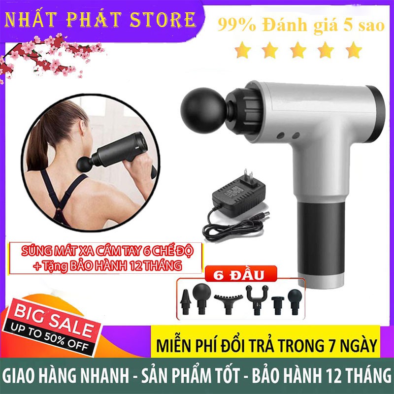 Súng mát xa cầm tay 4 đầu 6 chế độ - Súng bắn massage trị liệu đau mỏi vai gáy - 💥Bảo Hành 12 tháng💥